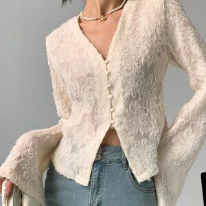 BRAND NEW WITH TAGS NWT Commense Semi-Sheer V-Neck Ruffle Long Sleeve Blouse L